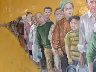 Φωτογραφία για Σύρος καλλιτέχνης ζωγραφίζει τους ηγέτες του κόσμου ως φτωχούς και πρόσφυγες!