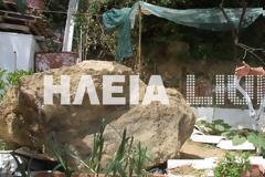 Ζημιές από τους σεισμούς στην Ηλεία - Βράχος έπεσε σε αυλή σπιτιού