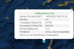 Σεισμός 4,8 Ρίχτερ ανοιχτά της Καρπάθου - «Ταρακούνησε» και την Κρήτη