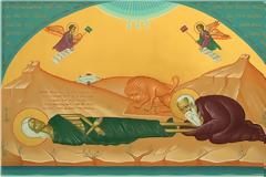 Το λιοντάρι βοηθάει τον Αββά Ζωσιμά ν’ ανοίξει τον τάφο της Οσίας Μαρίας της Αιγυπτίας