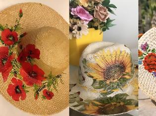 Φωτογραφία για Decoupage σε ψάθινα καπέλα, τσάντες