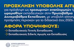 Πρόσκληση εκπαιδευτικών για υποβολή δήλωσης προτίμησης περιοχών για πρόσληψη ως προσωρινών αναπληρωτών για το 2026-2027