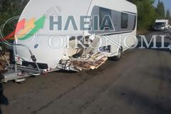 Σφοδρή σύγκρουση ΙΧ αυτοκινήτου με τροχόσπιτο στην Εθνική Πύργου - Πατρών